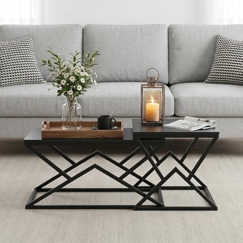 phosir Table basse - 80 x 50 x 40 cm - Noir - Table géométrique avec cadre en métal et plateau en bois - Table d'appoint industrielle - Table à cocktail...