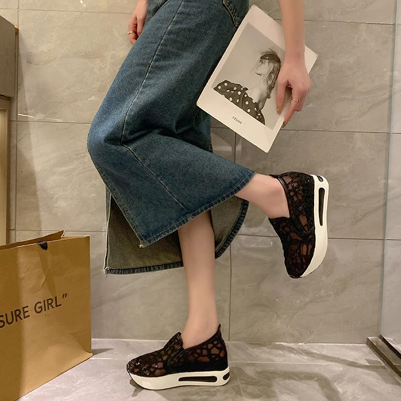 Women Lace Sequin Floral Embroidery Sheer Mesh Platform Wedge Sneakers Slip-On Breathable Non-Slip with Arch Support Low Top Loafers4