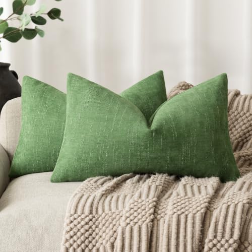 Image of Foindtower Pack of 2 Textured Chenille Throw Decorative Pillow Covers Square Accent Solid Cushion Cover Neutral Farmhouse Lumbar Pillow Case for Couch Sofa Bedroom Living Room 12x20 Inch,Forest Green