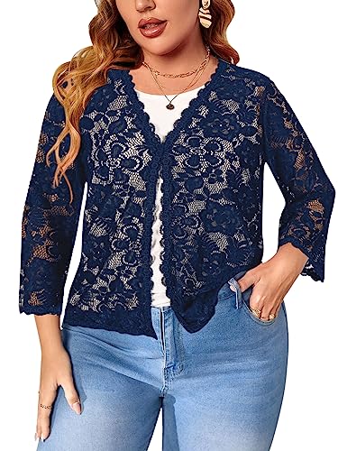 Women's Plus Size 3/4 Sleeve Bolero Shrugs Crochet Lace Open Front Cardigan