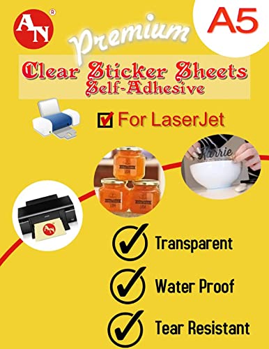 A N Clear(Transparent) Sticker Paper for Laser Printer only A5 size (100 Sheets) - Printable ...