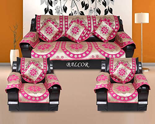 Image of Cotton 12 PCs DECAN Design Sofa Cover with Handle Cover Set of 5 Seater(3+1+1+6), Cushion Cover 16 * 16 Set of 5 PC, Total 17 PCs Set-Pink