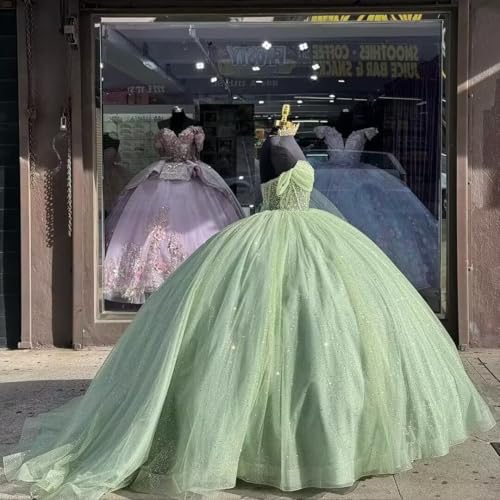 Beaded Tulle Quinceanera Dresses with Bow Puffy Off Shoulder Sweet 16 Dresses Sparkly Crystal Quince Dress with Train3