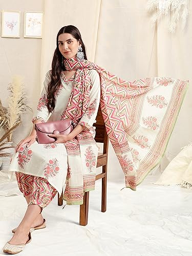 Image of MIRCHI FASHION Pure Cotton Women Straight Printed Embroidery Work Kurti Set with Dupatta and Pant