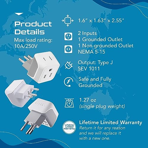 Image of Switzerland Travel Adapter Plug by Ceptics with Dual USA Input - Power - Type J (3 Pack) - Ultra Compact - Safe Grounded Perfect for Cell Phones, Laptops, Camera Chargers and More (CT-11A)