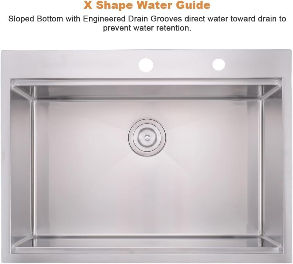 Close-up of the sink's X-shape water guide and engineered drain grooves, designed to direct water efficiently towards the drain and prevent retention.