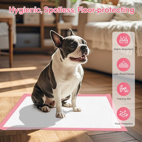 Image of BinetGo Pink Disposable Pee Pads for Dogs, 50 Count 18 inch x 24 inch Medium Wee Wee Pads for Urine, Extra Absorbent Unscented Puppy Pads, Pet Training Pads for Dogs, Pink Doggy Pee Pads for Indoors