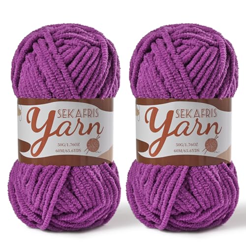 Image of 2 Pack Fluffy Velvet Yarn for Crocheting,Baby Blanket Yarn for Crocheting Soft,100g(131yds) Amigurumi Yarns,Plush Chenille Crochet Yarns,Puzzle Yarn for Crochet Weaving Craft(2 Dark Purple)