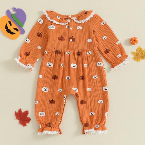 Newborn Girl Halloween Baby Clothes Pumpkin Bubble Onesie Lace Romper Doll Collar Jumpsuit Infant Fall Outfits4