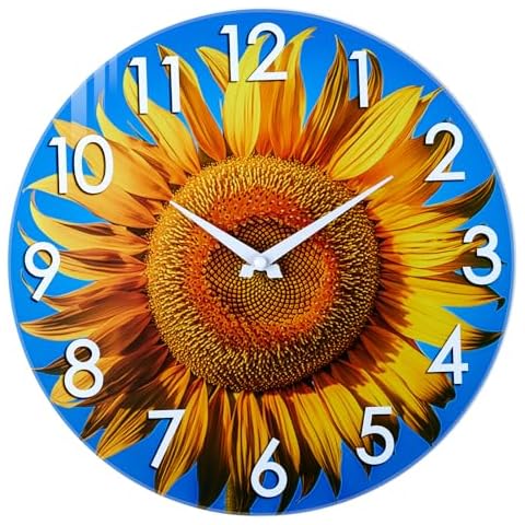 Sunflower Decor Indoor Outdoor Clock,Waterproof Glass Wall Clocks for Patio Pool Garden Bathroom Kitchen Decor,12 Inch Blue,House Warming Gifts Cover