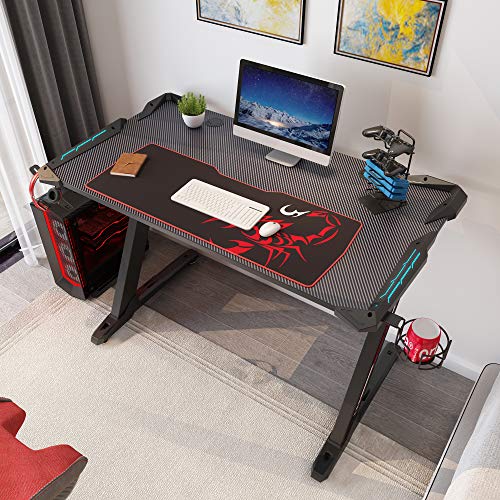 DESIGNA Gaming Desk with LED Lights, 44.5 inch Computer Desk Z-Shaped with Mouse Pad, Handle Rack, Cup Holder, Headphone Hook, Black - Thumbnail 6