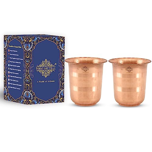 Image of INDIAN ART VILLA Copper Pooja Glass - Pure Copper Tumbler Cup for Drinking and Serving Water, Temple Puja Home Hotel Restaurant Use, Small Size, 100 ml Capacity (Pack of 2)