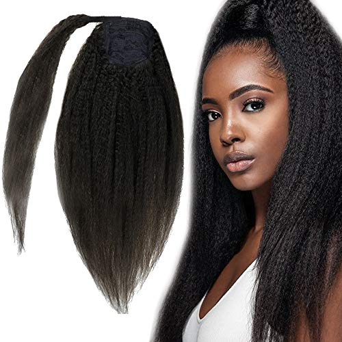 Runature Clip in Ponytail Brazilian Human Hair Extensions Kinky Straight Wrap Around Natural Black Hair Extensions 12 Inch 70g Real Ponytail Curly Hairpieces for Women