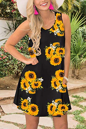 Spadehill Women's Sundress Floral Printed Boho Beach Swing Casual Pocket Sleeveless Cotton Tank Dress Sunflower L - Image 4