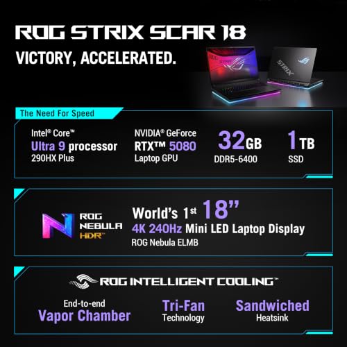 Image of ASUS ROG Strix Scar 18 (2026) Gaming Laptop, 18 inch ROG Nebula HDR 4K 240Hz /3ms, Intel Core Ultra 9 290HX Plus, NVIDIA GeForce RTX 5080, 32GB DDR5, 1TB PCIe Gen 4 SSD, Wi-Fi 7, Win11 Home, G835LWG-DB96