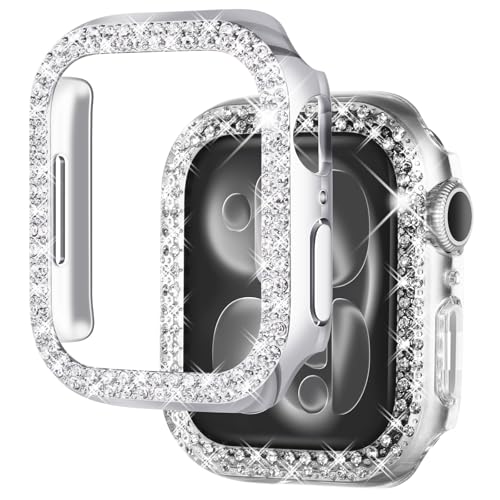 NewWays 2-Pack Luxury Bling Case for Apple Watch Series 3 42mm, Double Row Sparkling Crystals Premium Jewelry Bumper, Slim Protective Frame Cover for Women, Silver/Clear