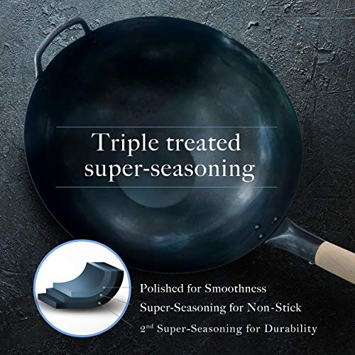 image for Pre Seasoned Flat Bottom Wok, 14 Inch Blue Carbon Steel Chinese Pow Wo