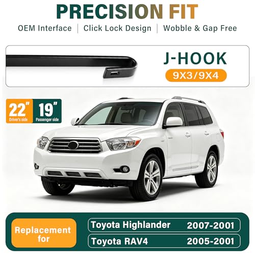 Image of Windshield Wiper Blades Replacement for Toyota Highlander RAV4 2001-2007 | Highlander 2001-2007 RAV4 2001-2005,Original Equipment Replacement Front Rear Wipers Blade Set -22 inch+19 inch+12 inch ,3 pack ,U /J Hook