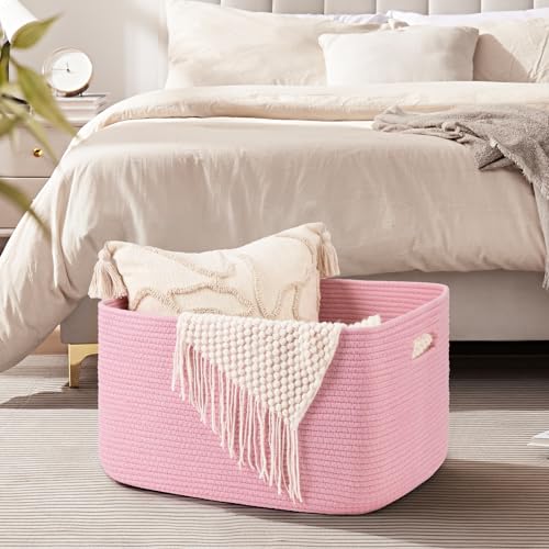 Image of OIAHOMY 75L Large Blanket Basket Woven Storage Basket with Handle Pink