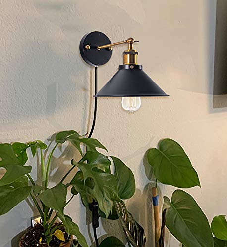 Image of ANYE No Drilling 1-Light Plug-in Wall Sconce Vintage Industrial Loft Retro Style E26 UL Dimmable Switch Cord Simplicity Arm Swing Wall Light for Guest Bath Loft Bar Rental House Bulb Included