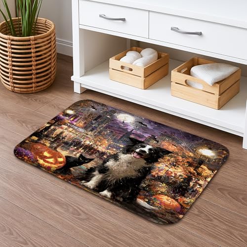 Tapete de baño de secado rápido con temática de Halloween, tapete de ducha antideslizante absorbente con diseño de perro espeluznante y calabaza, tapete de baño lavable de espuma viscoelástica para