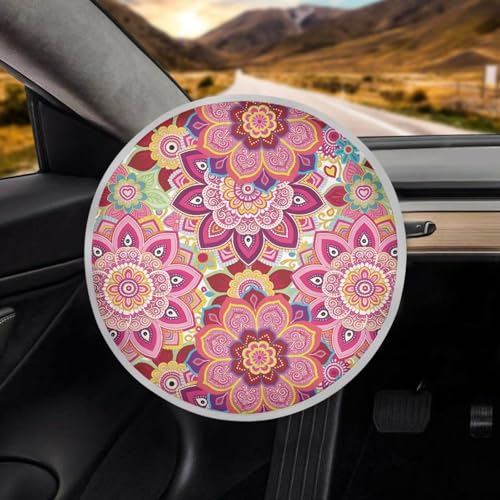 Image of Steering Wheel Sun Shade Cover Easy Installation Reflect UV Sun and Heat Mandala Floral Pink Steering Wheel Sunshade Non Slip Car Interior Accessories for Car Truck SUV