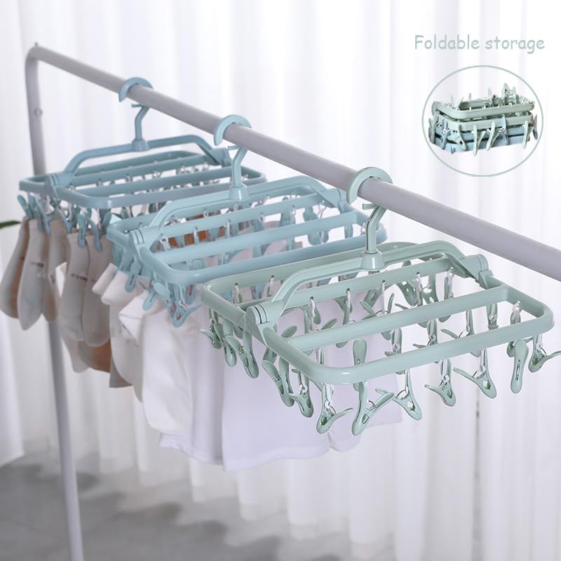 Clothes Drying Racks, Foldable Laundry Drying Hanging Rack with 32 Clips Foldable Laundry Clip Hanger Underwear Hangers for Socks Towels Bras (Light Blue)