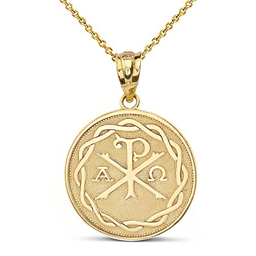 Religious Jewelry 14k Gold Chi Rho Alpha Omega Symbol Medallion Round Pendant Necklace