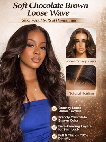 Image of Beauty Forever Pre Everything Medium Chocolate Brown Loose Wave 13x4 Lace Front Human Hair Wig Pre Plucked Pre Cut Face Framing Layers Glueless Drawstring Wear and Go Wigs 150% Density 22inch