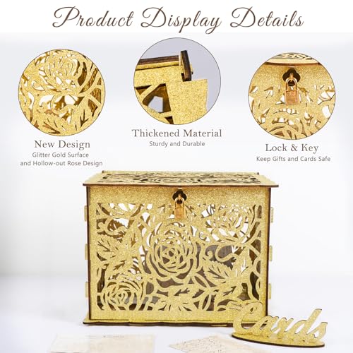 Image of Glittery Gold Wedding Card Box with Lock, Wooden Gift Card Box for Wedding Reception, Elegant Wedding Money Envelope Card Box Holder for Party Graduation Birthday Baby Shower Decorations