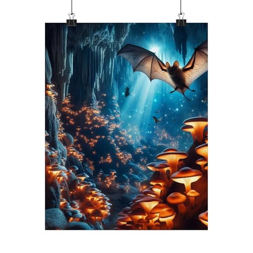 Bat Fluttering Past Glowing Fungi in an Underground Crystal Cave - Made in USA