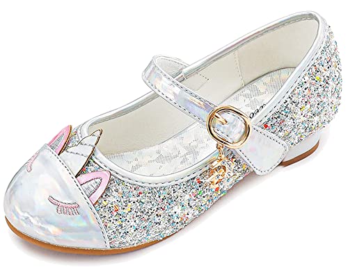 Photo 1 of Furdeour Girls Dress shoes Mary Jane Wedding Flower Bridesmaids Heels Glitter Princess Shoes for Kids Toddler 3 Big Kid Unicorn Silver