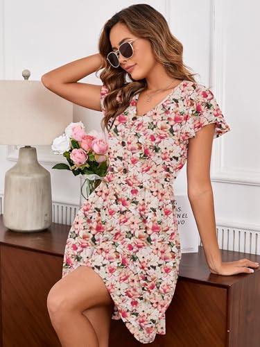 Image of Heymoments Women's Ruffle Sleeve V Neck Swing Sundress Summer Casual A-Line Midi Dress with Pockets S-2XL