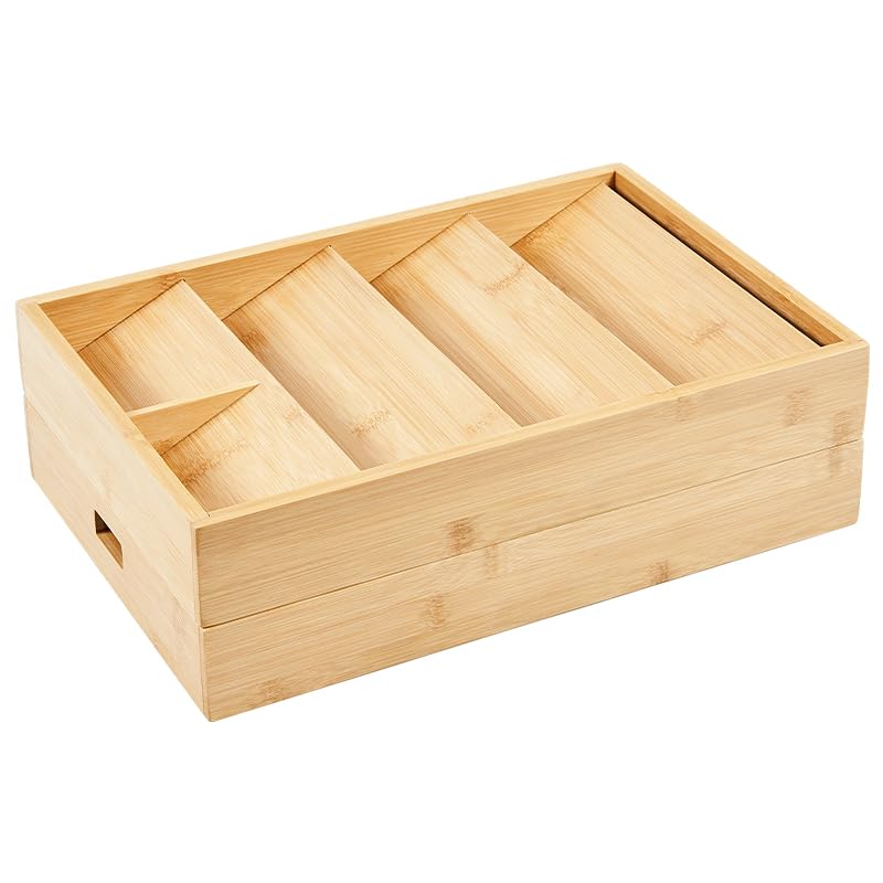 YIKATEND Bamboo Expandable Flatware Drawer Organizer Stackable Bamboo Silverware Drawer Organizer – 2-Tier Kitchen Utensil Tray with Compartments,