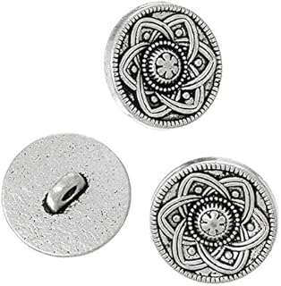 The Bead and Button Box - 6 Metal Shank Button Round Antique Silver Single Hole Flower Pattern 15.0mm Dia. Ideal for Sewing, Knitting, Button Art, Embellishment and Other Crafts