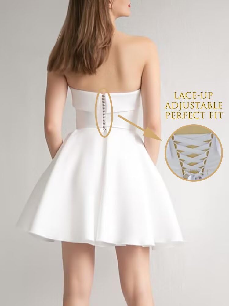 Tvuyet Strapless Homecoming Dresses for Teens 2026 Satin A Line Short Prom Dress with Pockets Formal Evening Gowns