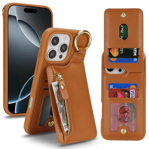 Jaorty for iPhone 16 Pro Phone Case with Card Holder,Case Wallet for iPhone 16 Pro with Finger Grip Ring for Men Women,Kickstand Hands-Free,PU Leather Zipper Wallet Case,6.3",Khaki