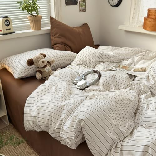 Image of EAVD Retro Striped Duvet Cover Twin Brown&White Washed Microfiber 3-Piece