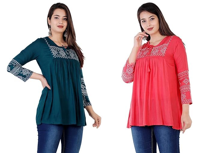 Image of Shiva Fab Short Kurti for Women | Embroidered Straight Rayon Kurta | Round Neck Full Sleeves Short Kurti for Women's Combo Pack of 2