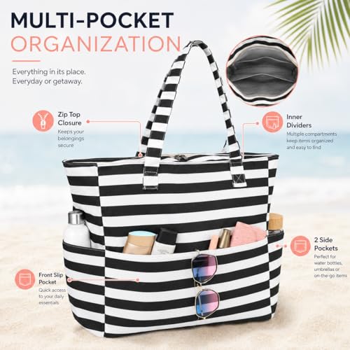Image of LEDAOU Large Beach Bag Women Waterproof Sandproof Zipper Beach Tote Pool Bag for Swim Gym Grocery Travel with Wet Pocket