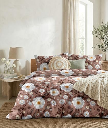 Image of LOOMLYFE 300 TC Microfiber XXL Soft Cotton Super King Size Bedsheet for Double Bed, King Size 108 Inches X 108 Inches, 9 Feet, 275 X 275 cm with 2 Large Size Pillow Covers - BrownWhiteFlower