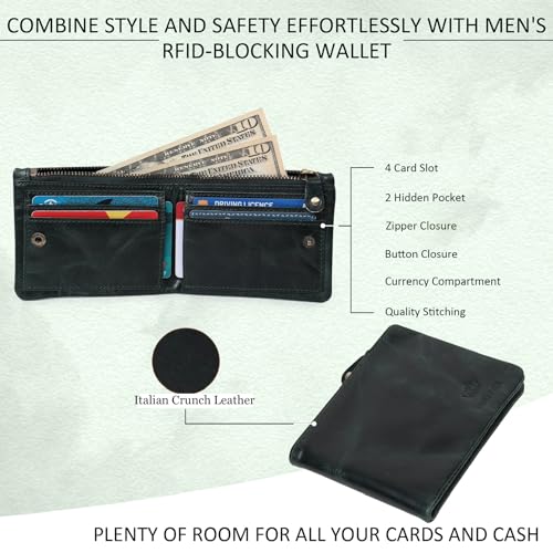 Italian Crunch Leather Wallet for Men With Zipper Closure | RFID Blocking | Bifold, Extra Capacity with 4 Card Slots | Ultra Strong Stitching | Slim Billfold with 2 Hidden Pocket| Gift for Him (GREEN)3