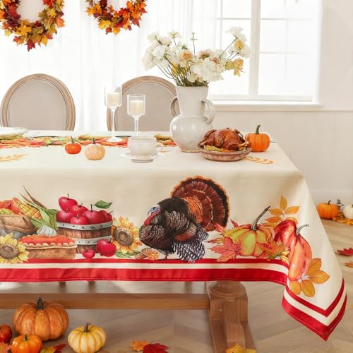 SASTYBALE Thanksgiving Tablecloth Rectangle, Spill Proof Fall Table Cloth with Turkey & Pumpkin Print, Decorative Holiday Table Cover for Autumn, Harvest and Dining Decor (Rectangle, 52" x 7