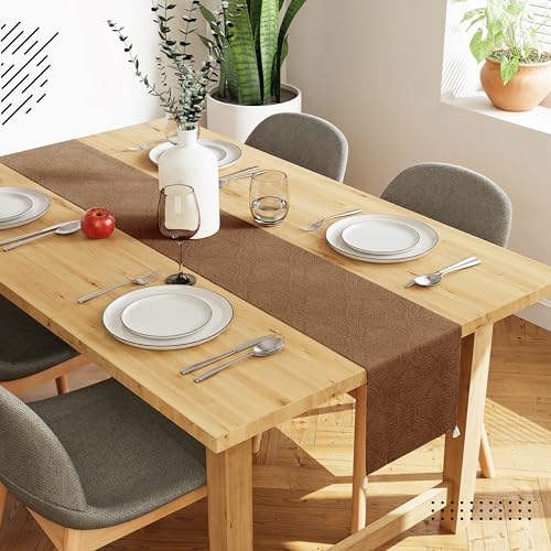 Image of Encasa XO 8 Seater Dining Embossed Velvet Table Runner | Size 32x240 cm | Coffee Color with Premium Polyester - Machine Washable