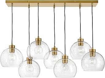 Lark Rumi 83016LCB Seven Linear Chandelier, 7 Clear Seedy Glass Orbs, Adjustable Height, Lacquered Brass