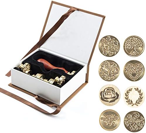 Waloden Wax Seal Stamp Set incl 8 Pieces Brass Sealing Wax Stamps 1 Piece Wooden Handle Box-Packed Retro Wax Stamp Set