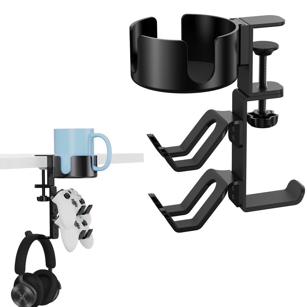 OIVO INDIA 3-in-1 Desk Controller Holder with Headphone Hanger & Anti-Spill Cup Holder, 360° Rotating Aluminum Clamp Mount for Gaming Controllers Remote Stand-image-36