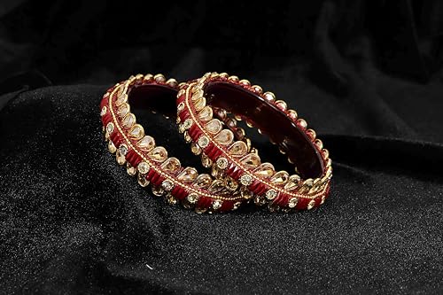 Image of NMII Glass Golden Zircon Stone & Kundan Beads Kada Set For Women & Girls | Fancy Design Kada Bangles | Traditional Look Kangan | Glass Bangles For Women Wedding, Party, Function, Daily use- Set of 2