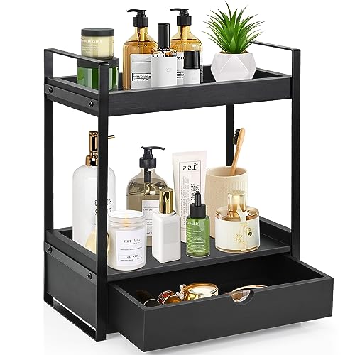 2-Tier Bathroom Organizer Countertop with Drawer, Wood Counter Shelf for Bathroom Storage, Vanity Tray for Bathroom Organization and Decor, Countertop Organizer for Bathroom, Kitchen, Office (Black)
