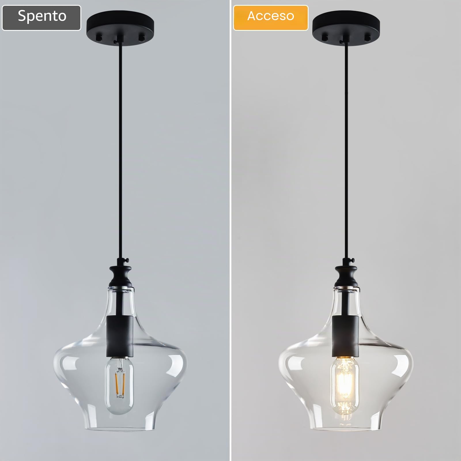Lampada a sospensione in vetro E26 in vetro trasparente ombra nero Isola di fattoria lampada sospensione per cucina illuminazione a sospensione sopra lavandino camera da letto sala da pranzo (nero-B)